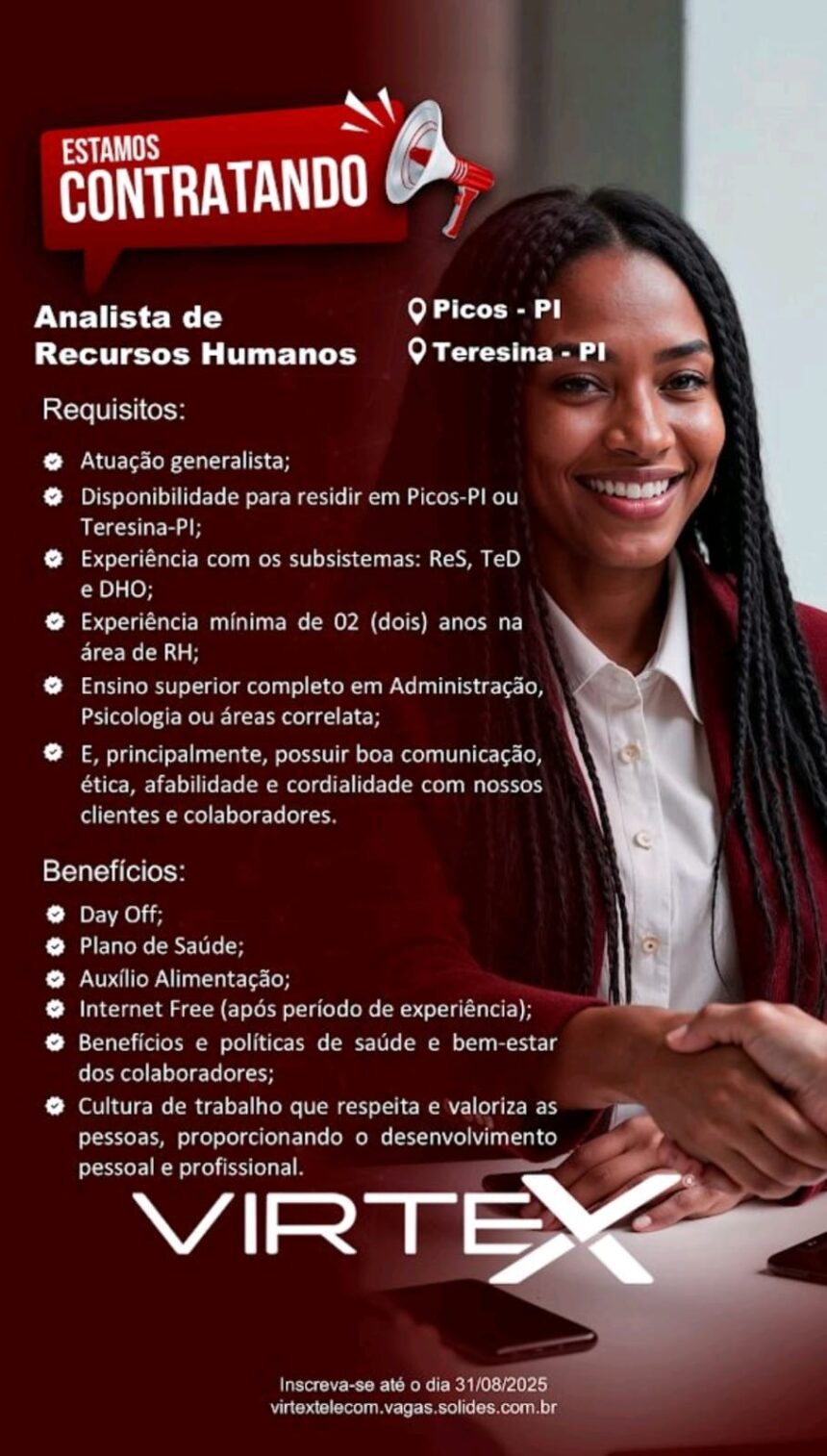 Vaga para Analista de RH em Teresina e Picos