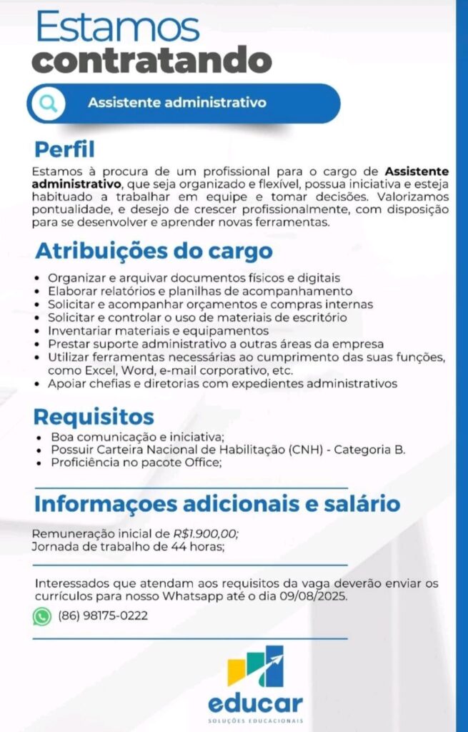 Vaga para Assistente Administrativo