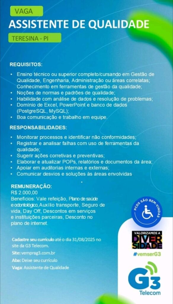 Vaga para Assistente de Qualidade