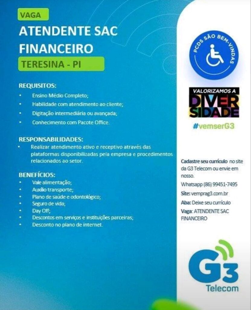Vaga para Atendente SAC Financeiro