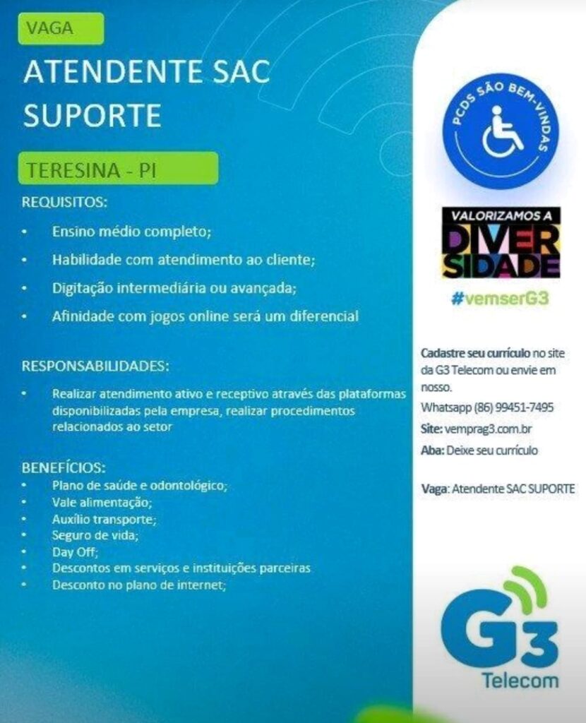 Vaga para Atendente SAC Suporte