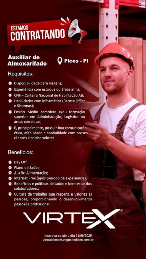 Vaga para Auxiliar de Almoxarifado em Picos