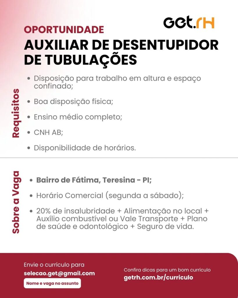 Vaga para Auxiliar de Desentupidor de Tubulações