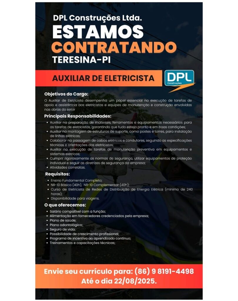 Vaga para Auxiliar de Eletricista 