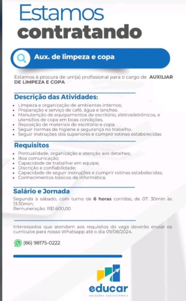 Vaga para Auxiliar de Limpeza e Copa