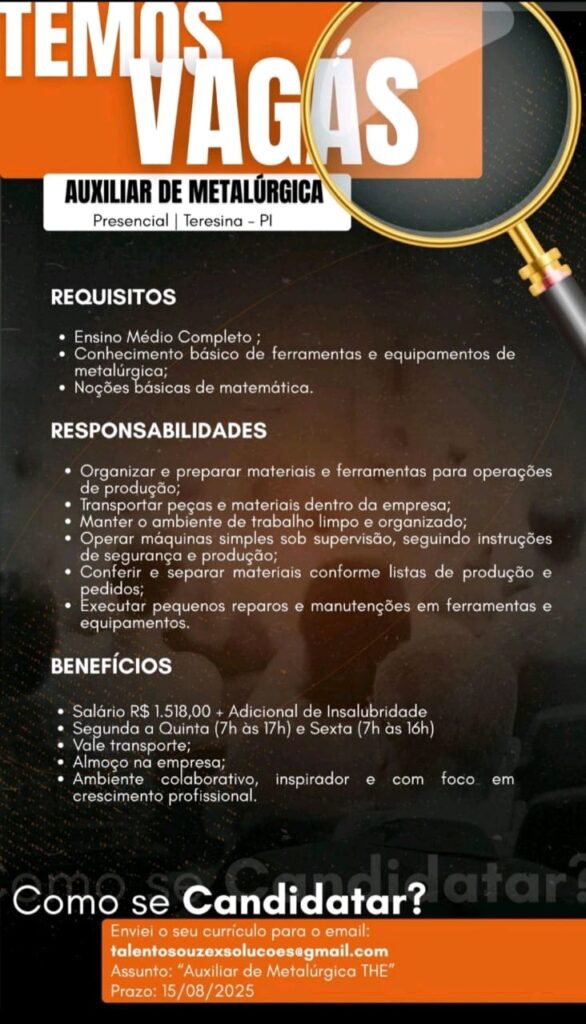 Vaga para Auxiliar de Metalúrgica