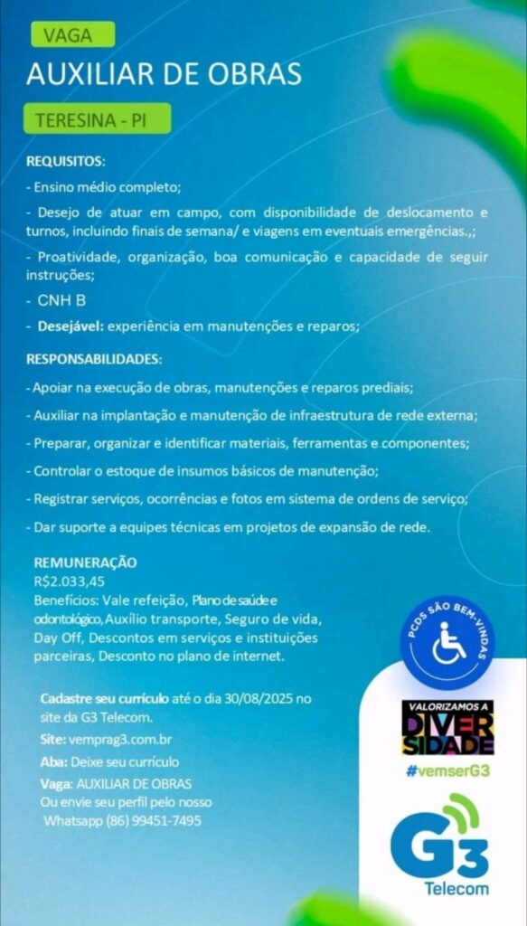Vaga para Auxiliar de Obras