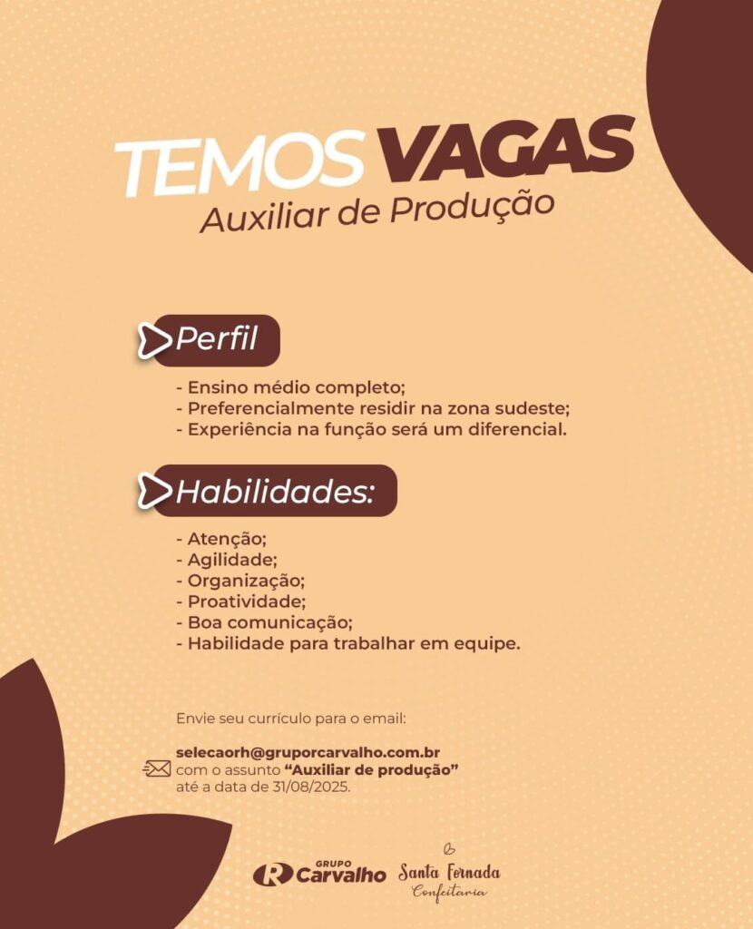 Vaga para Auxiliar de Produção