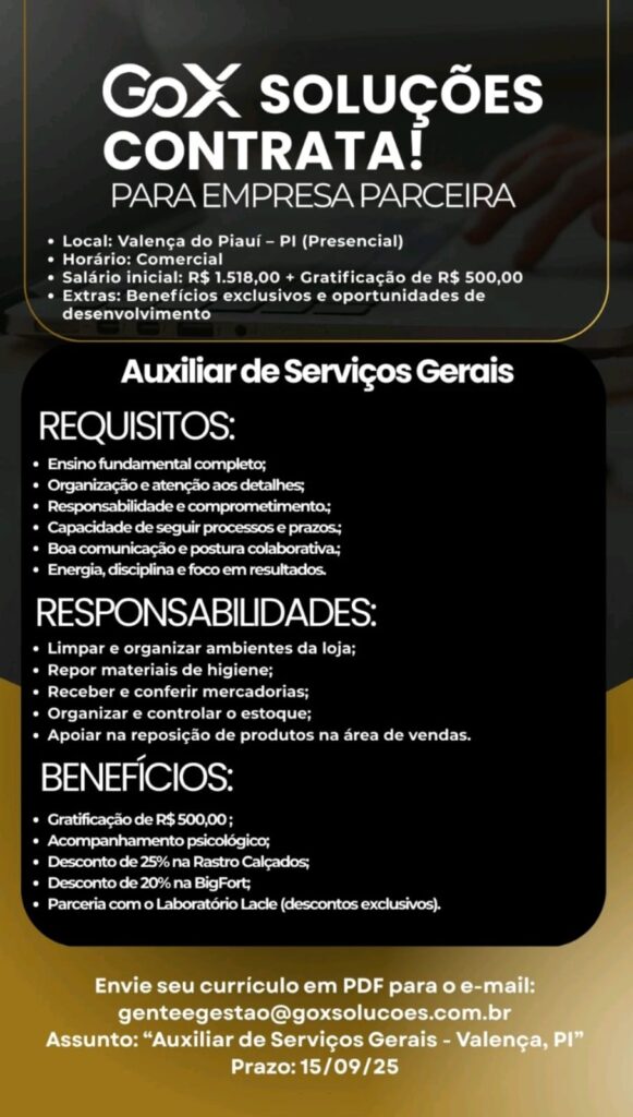 Vaga para Auxiliar de Serviços Gerais