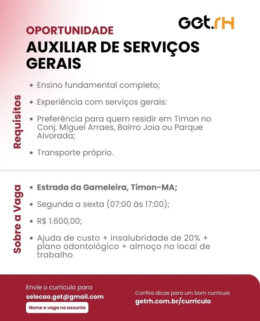 Vaga para Auxiliar de Serviços Gerais