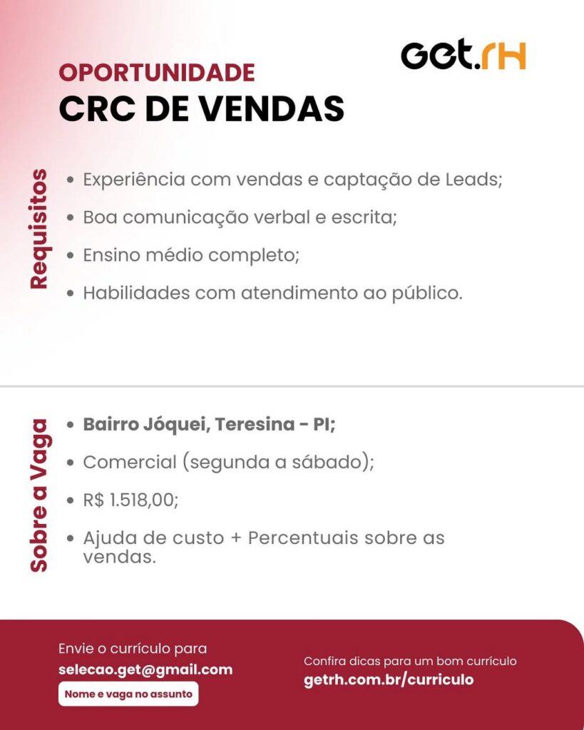 Vaga para CRC de Vendas