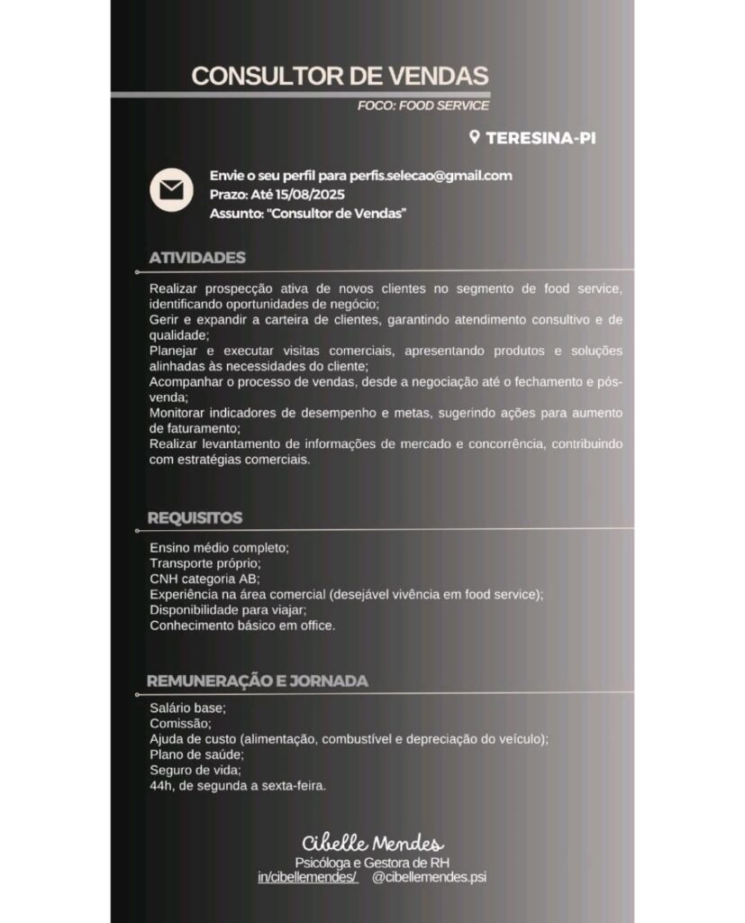 Vaga para Consultor de Vendas