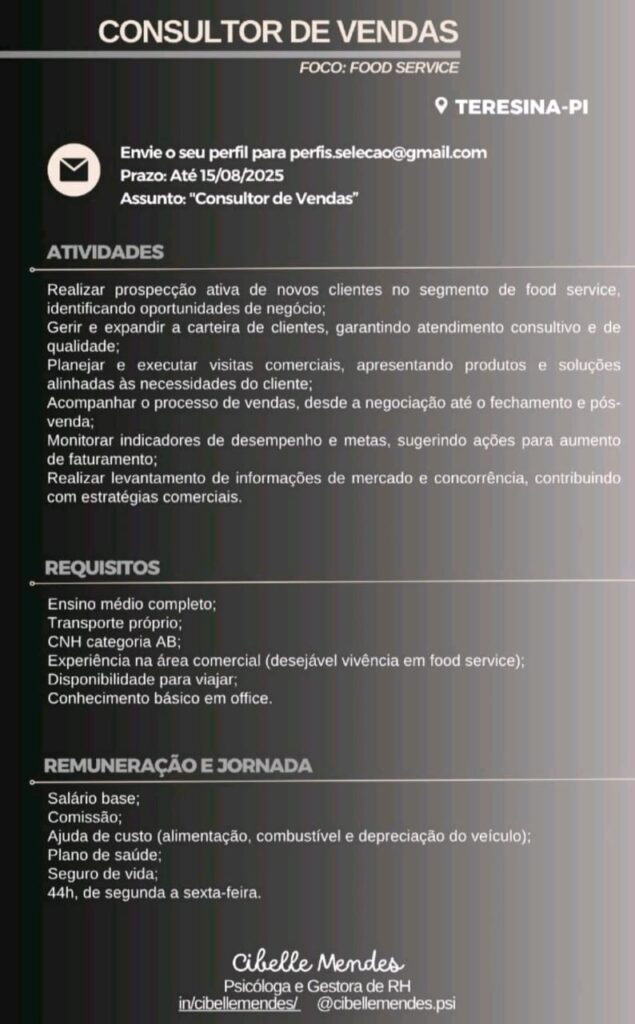 Vaga para Consultor de Vendas
