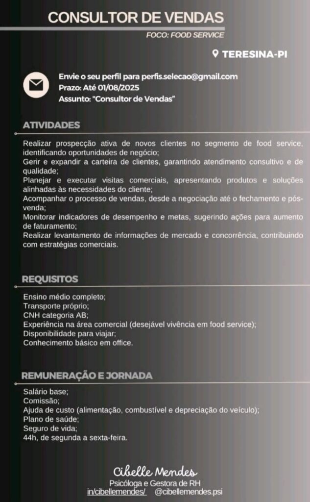 Vaga para Consultor de Vendas