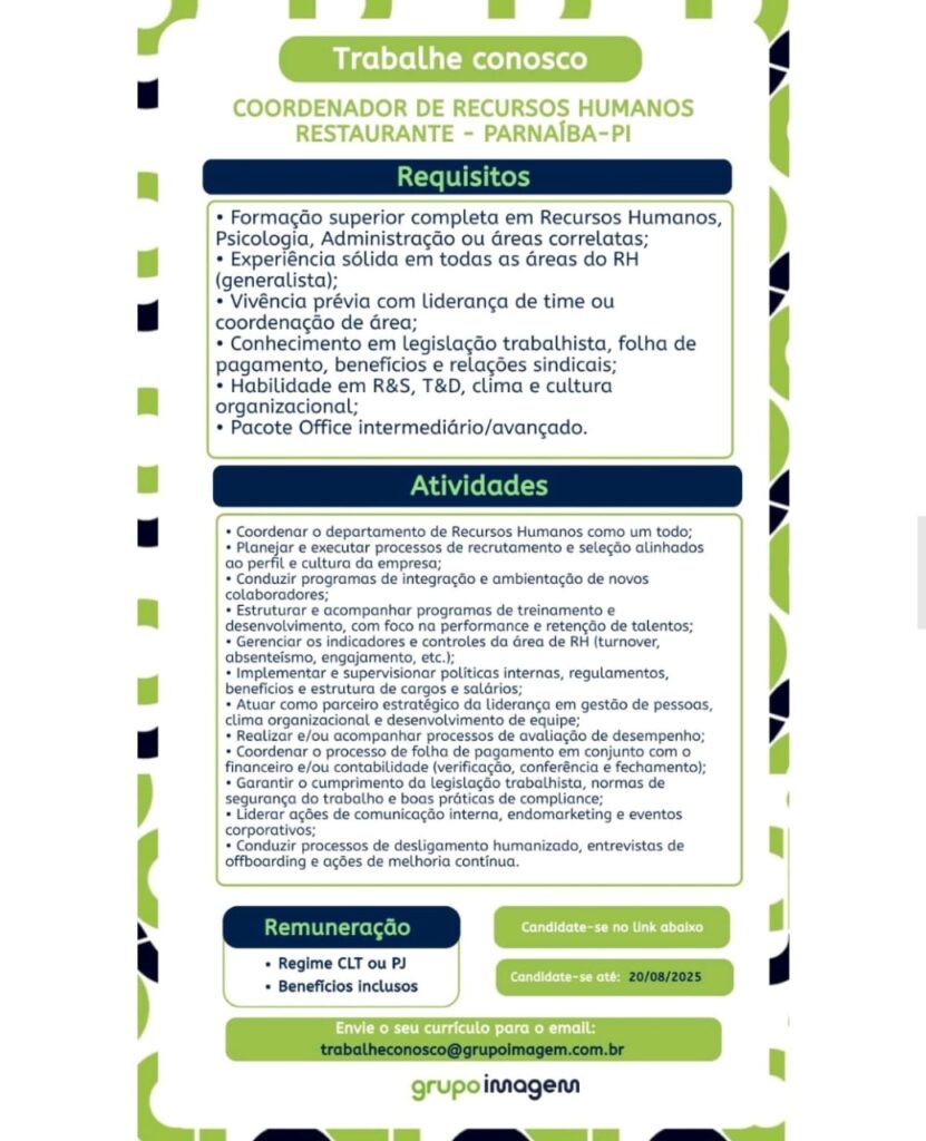 Vaga para Coordenador de RH em Parnaíba