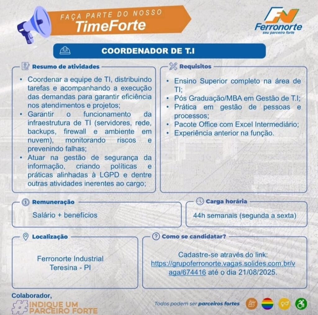 Vaga para Coordenador de T.I