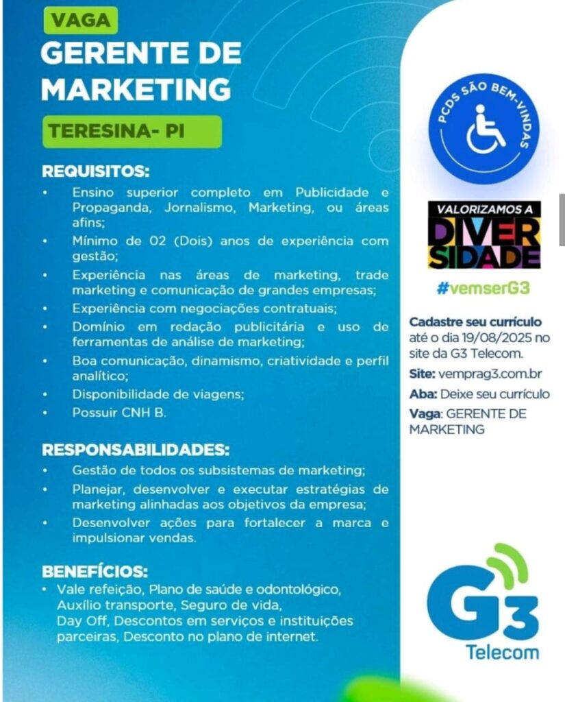 Vaga para Gerente de Marketing