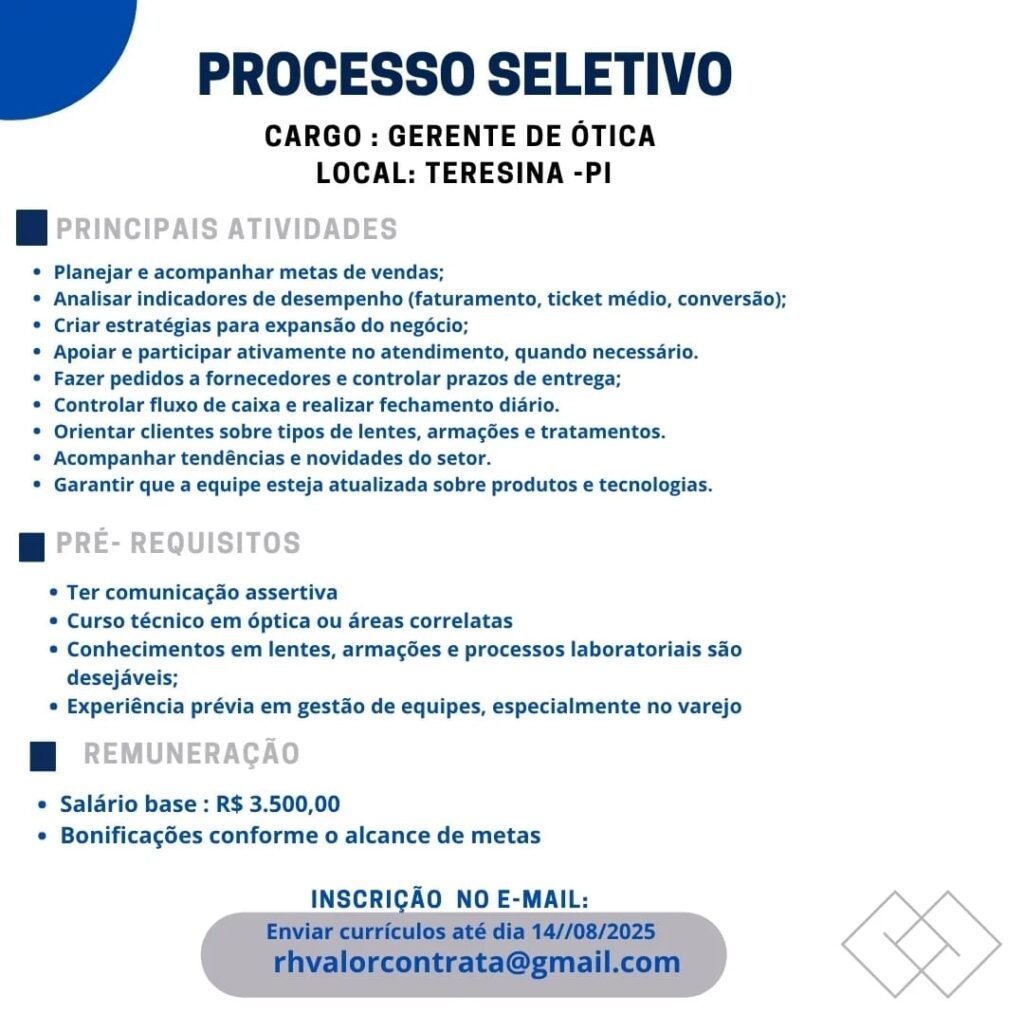 Vaga para Gerente de Ótica