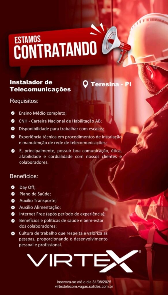 Vaga para Instalador de Telecomunicações em Teresina