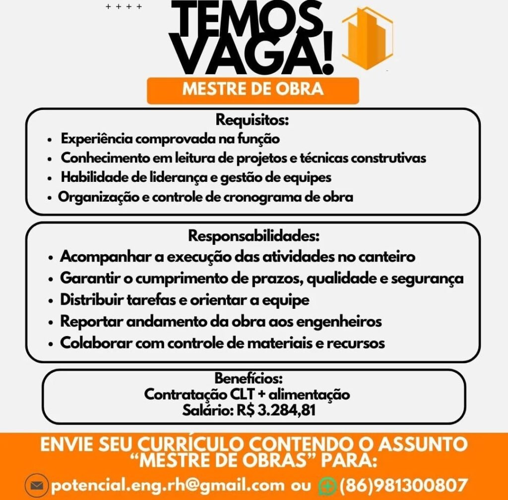Vaga para Mestre de Obra
