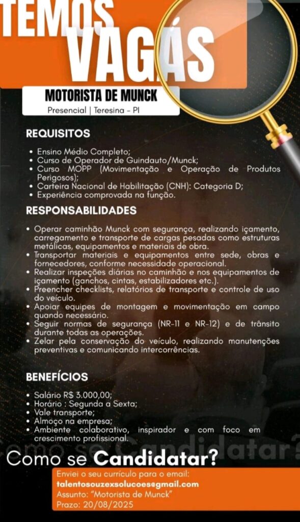 Vaga para Motorista de Munck