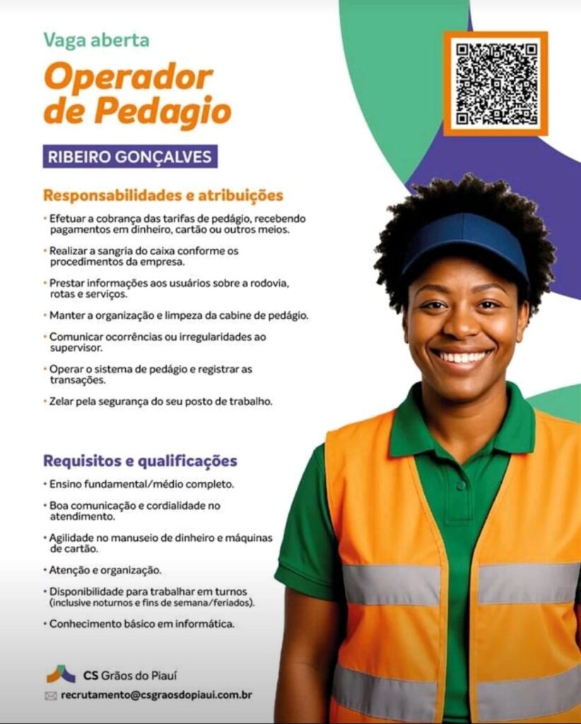 Vaga para Operador de Pedágio em Ribeiro Gonçalves