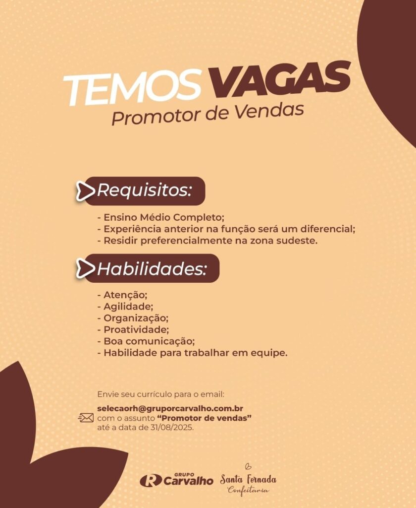 Vaga para Promotor de Vendas