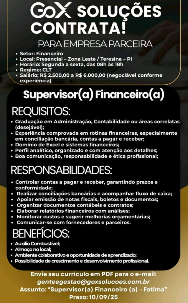 Vaga para Supervisor(a) Financeiro(a)