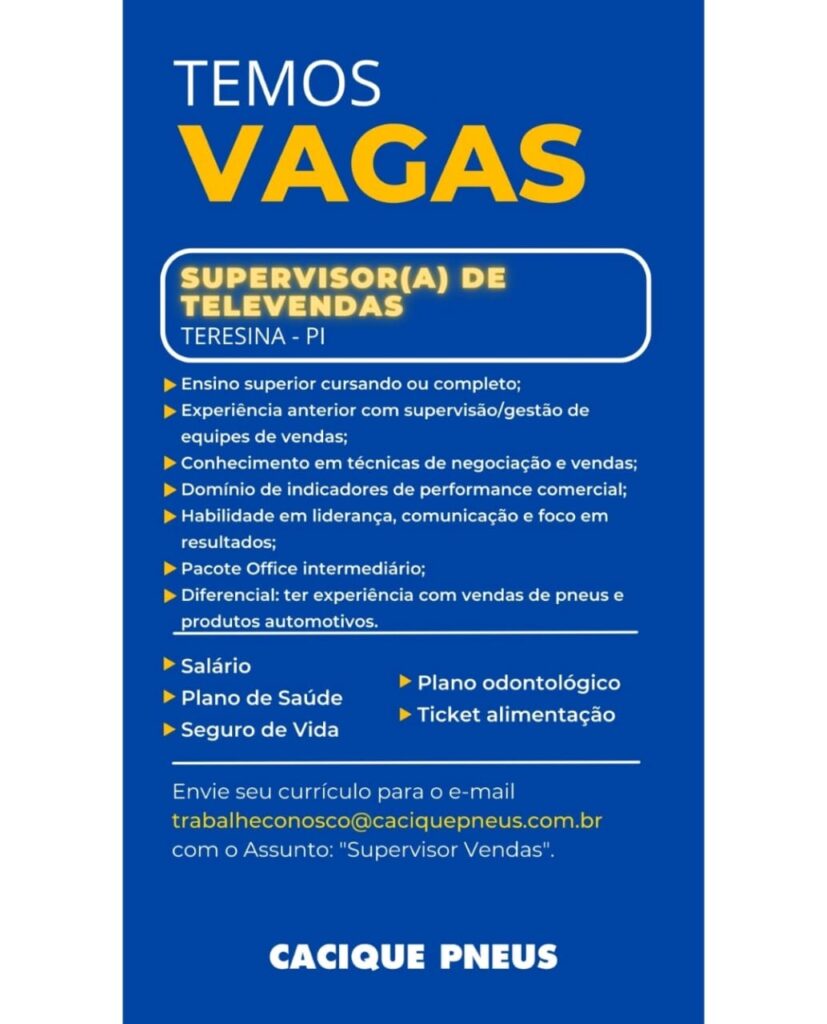 Vaga para Supervisor(a) de Televendas