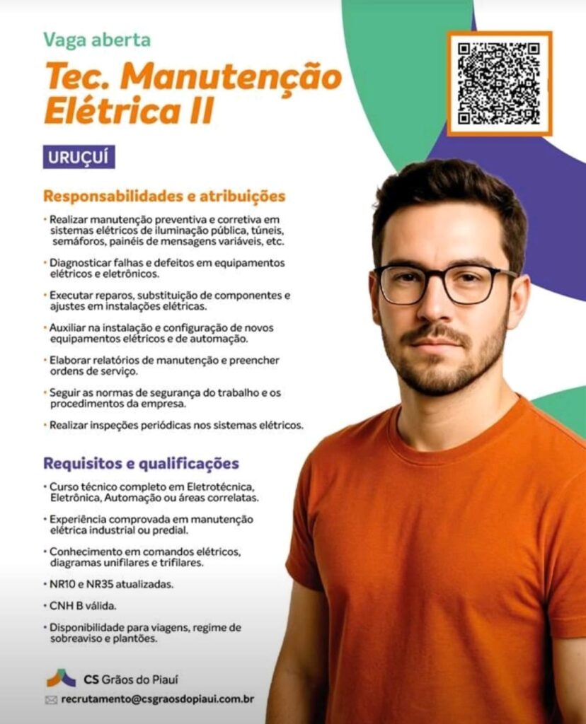 Vaga para Técnico de Manutenção Elétrica em Uruçuí