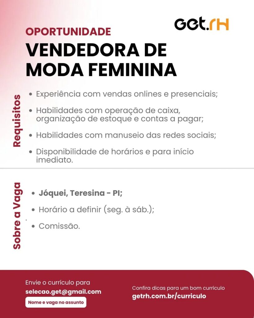 Vaga para Vendedora de Moda Feminina