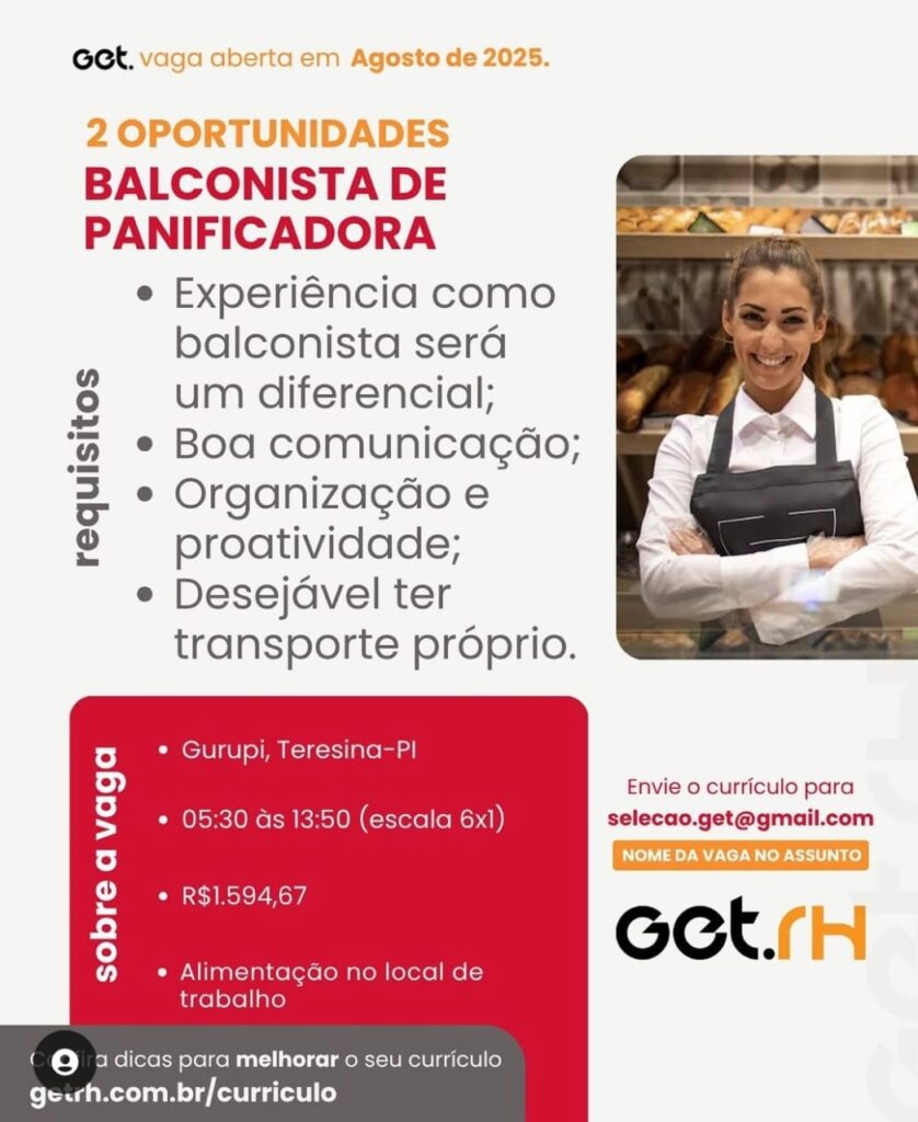 Vagas para Balconista de Panificadora
