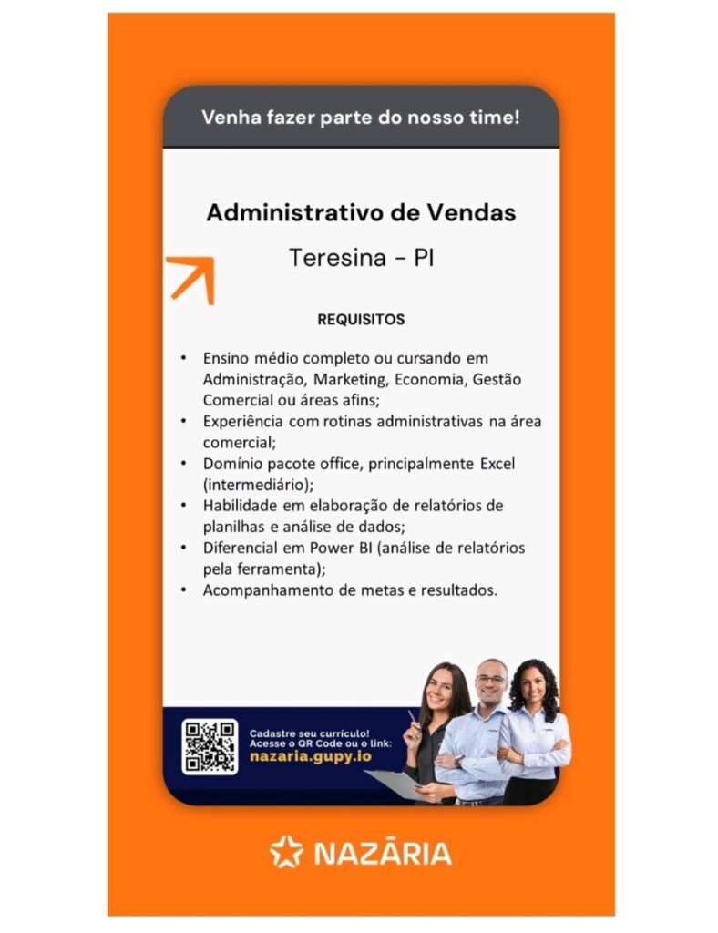 Vaga para Administrativo de Vendas