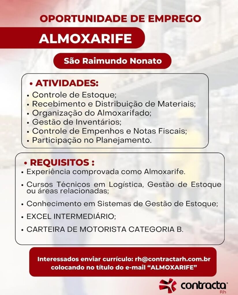 Vaga para Almoxarife em São Raimundo Nonato
