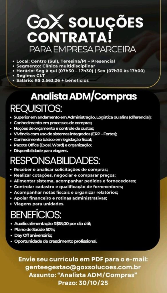 Vaga para Analista ADM/ Compras