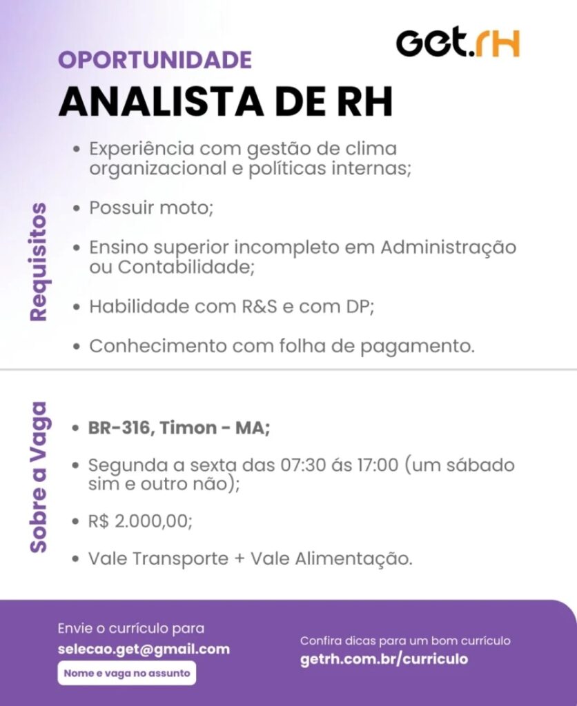 Vaga para Analista de RH em Timon