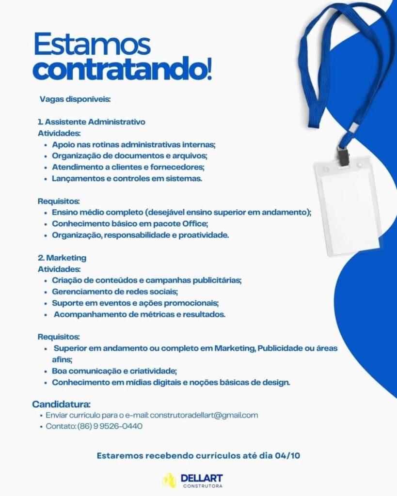 Vaga para Assistente Administrativo e Marketing 