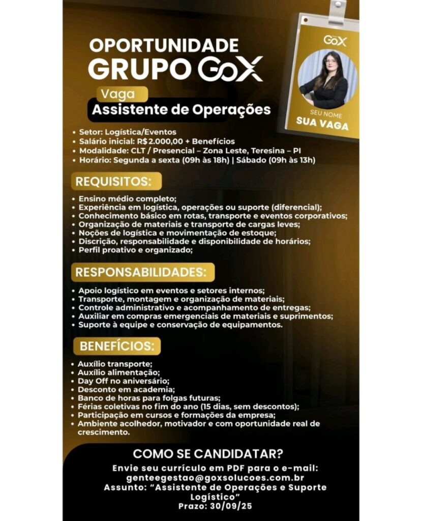 Vaga para Assistente de Operações