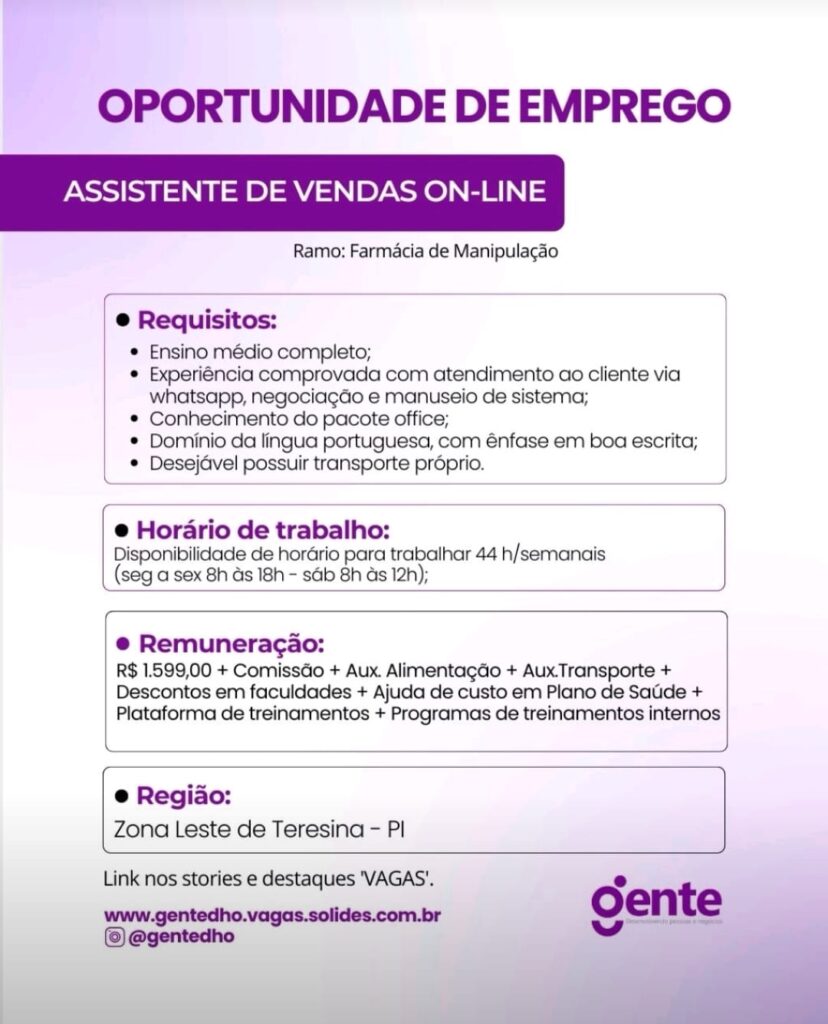 Vaga para Assistente de Vendas On-line