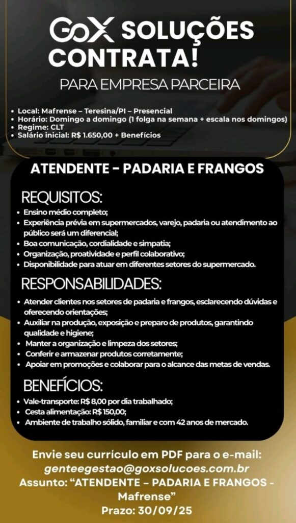 Vaga para Atendente (Padaria e Frangos)