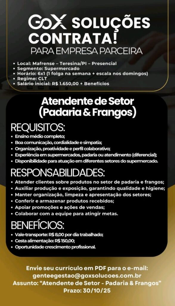 Vaga para Atendente de Setor (Padaria e Frangos)