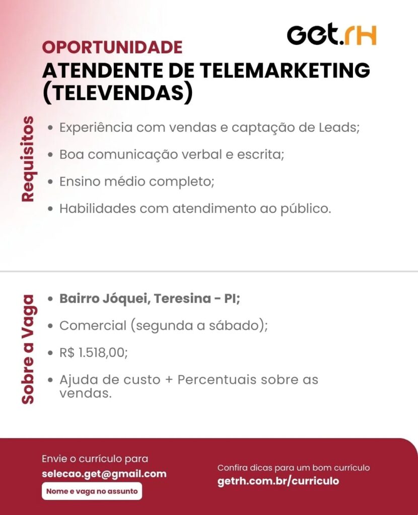 Vaga para Atendente de Telemarketing