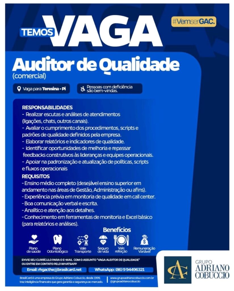 Vaga para Auditor de Qualidade