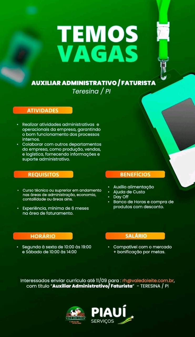 Vaga para Auxiliar ADM/ Faturista