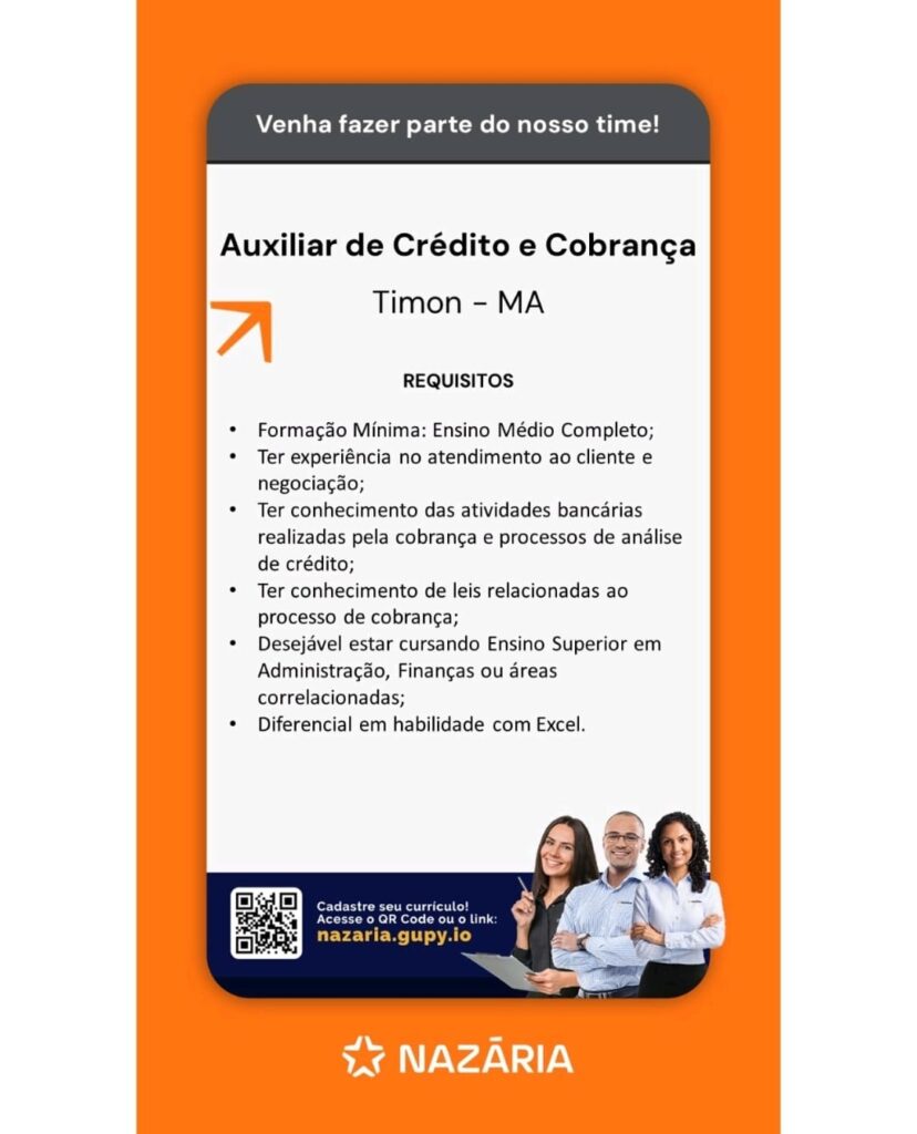 Vaga para Auxiliar de Crédito e Cobrança em Timon