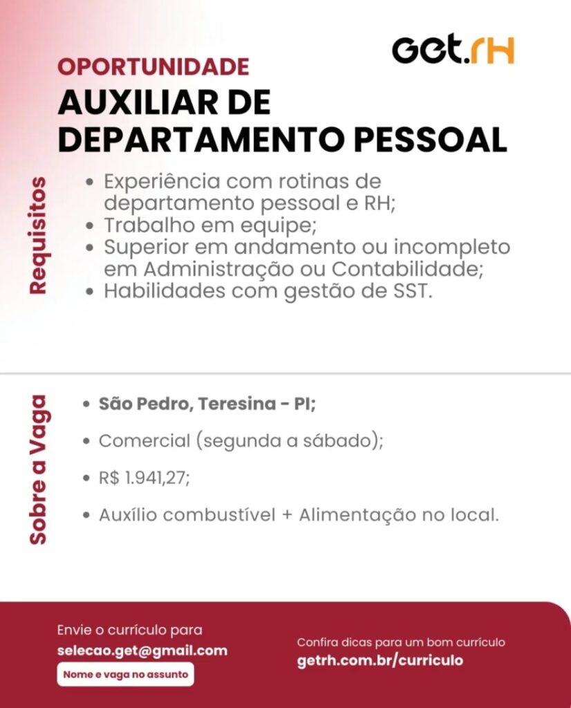 Vaga para Auxiliar de DP