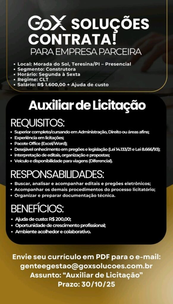 Vaga para Auxiliar de Licitação