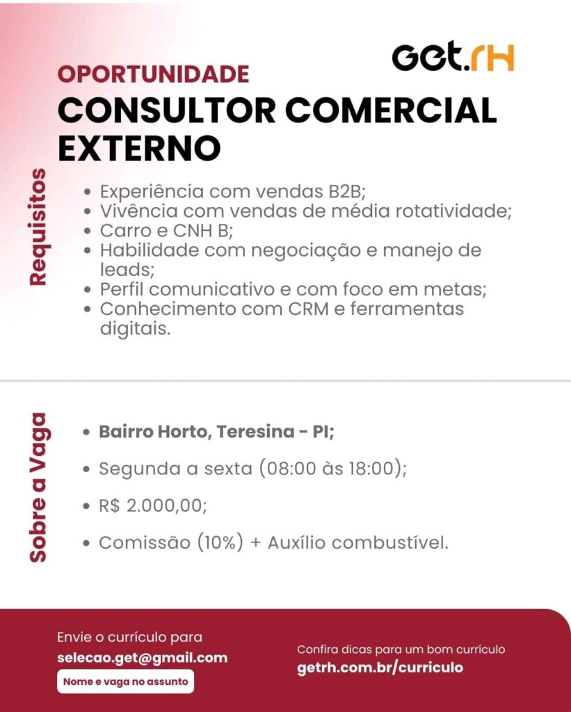 Vaga para Consultor Comercial