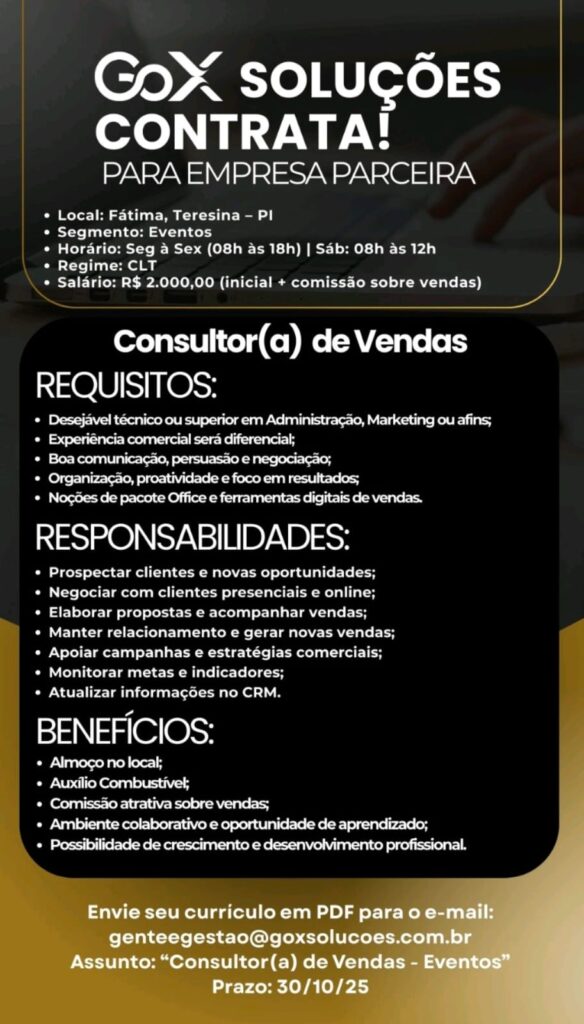 Vaga para Consultor(a) de Vendas