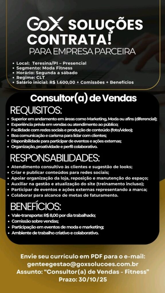 Vaga para Consultor(a) de Vendas (Moda Fitness)